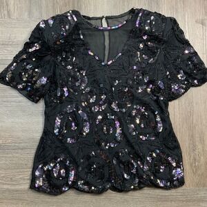 Vintage Art Deco Beaded Sequin Rose Evening Top Womens Medium Black Cocktail 80s